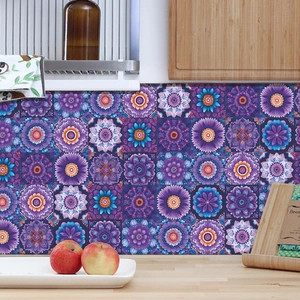 Mandala Floral Purple Crystal Tile Stickers Waterproof Self Adhesive PVC Wall Decals For Kitchen Bathroom Furniture Decor