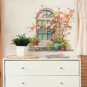 Self-adhesive Mediterranean window wall decal featuring vibrant pink flowers and green plants