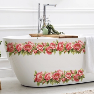 Pink peony flower wall stickers applied on a modern white bathtub in a minimalist bathroom