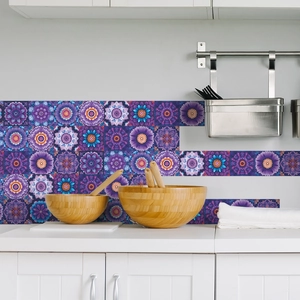 Kitchen backsplash tile stickers with purple mandala ethnic patterns for home decor