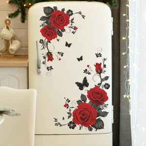 Romantic red rose wall stickers with black leaves and butterflies for home wall decor