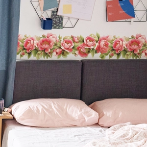 Peony flower wall sticker with pink blossoms and green leaves for bedroom decor