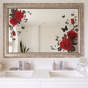 Romantic red rose wall stickers with vines and butterflies on a bathroom mirror