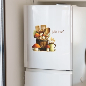 Kitchen mushroom fridge sticker with wooden bucket motif and Fire it up slogan art