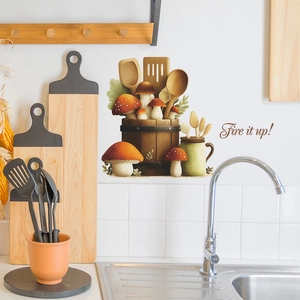Kitchen wall sticker with mushrooms and utensils in a bucket with Fire it up slogan