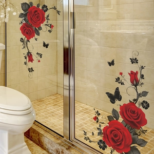 Romantic red rose and butterfly wall stickers applied on glass shower door decor