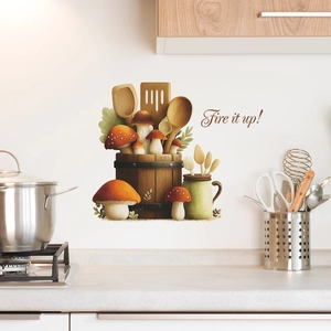 Kitchen wall sticker with mushrooms, utensils barrel and Fire it up! slogan for home decor