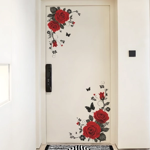 Romantic red rose wall stickers with black butterflies for bedroom and living room decor