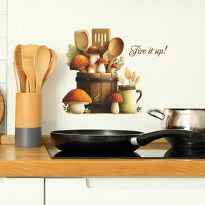 Self-adhesive kitchen wall sticker with mushrooms and cooking tools, Fire it up text