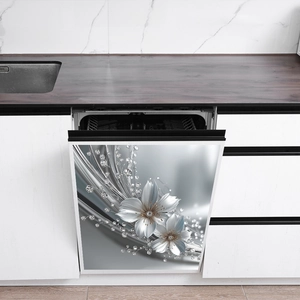 Modern dishwasher magnetic cover with 3D embossed white flowers and diamond pattern