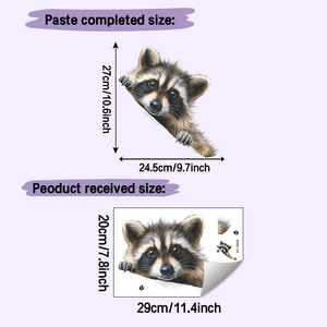 Detail view of 3D raccoon wall sticker showing dimensions and delivery layout