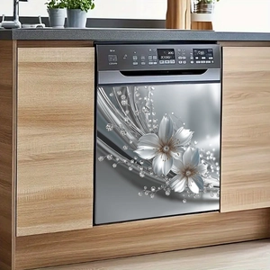 3D floral embossed magnetic dishwasher cover with luxury silver flowers and diamond accents