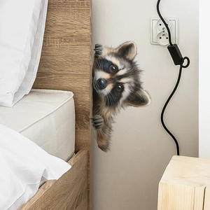 Creative 3D raccoon wall sticker showing a realistic animal peeking from a wall corner