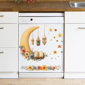Watercolor moon and floral street lamp wall decal sticker on white dishwasher machine