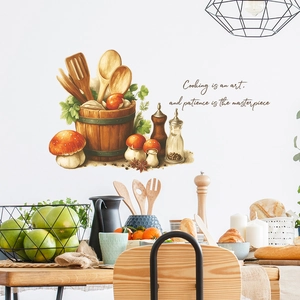 Cooking theme wall decal with mushroom and wooden utensils, warm tones for kitchen decor