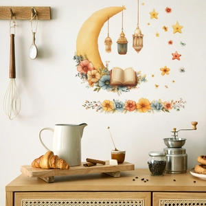 Watercolor moon and floral wall stickers for home decoration in a cozy kitchen setting