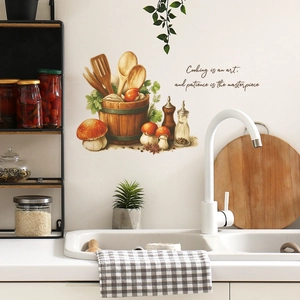 Watercolor kitchen wall sticker with mushroom barrels and inspirational cooking quote
