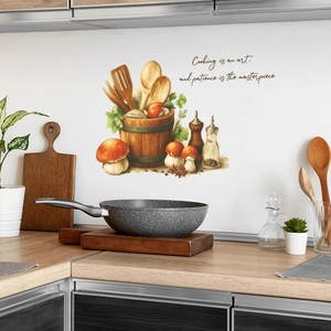 Kitchen wall decal featuring watercolor mushrooms, utensils, and cooking quote art