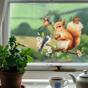 Cute squirrel and birds on floral branch window stickers for home glass decor