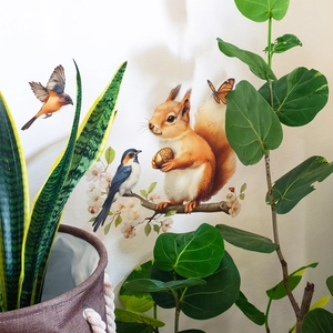 Adhesive wall sticker with squirrel, birds and cherry blossom for home window decoration