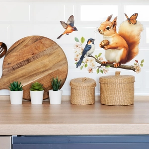 Cute squirrel, birds, and floral wall stickers for home window and kitchen decoration