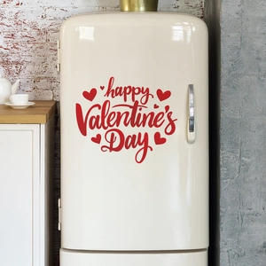 Red Happy Valentine's Day vinyl wall sticker with hearts on a vintage refrigerator