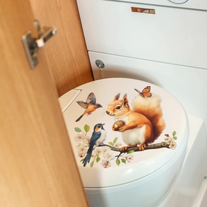 Charming squirrel and birds on branches self-adhesive wall sticker for toilet lid decor