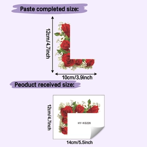 Size chart for red rose flower wall stickers showing 12x10cm finished layout dimensions