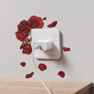 Romantic red rose wall stickers around a power socket for bedroom and living room decor