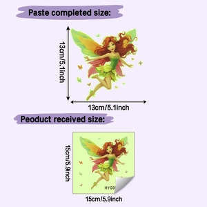 Luminous fairy wall sticker showing dimensions of 13x13cm for bedroom switch decor