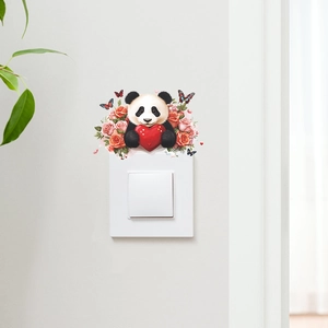 Cartoon panda wall sticker with red heart and roses for home switch decoration