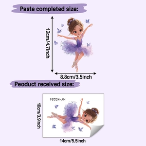 Detail view of cute purple ballet girl wall sticker with blue butterflies and dimensions