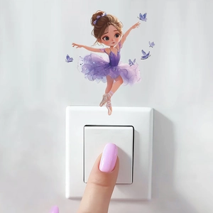 Cute Cartoon Dancing Girl Butterfly Wall Sticker Removable PVC Switch Decal For Kids Room Bedroom Home Decor Purple Ballet Girl