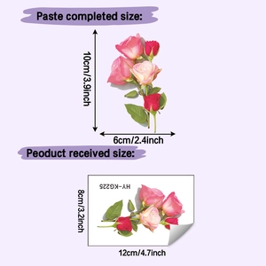 Detailed dimension guide for rose floral wall stickers with size comparison in cm and inches
