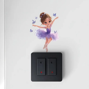 Cute dancing girl wall sticker in purple tutu with butterflies for light switch decoration