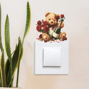 Creative teddy bear with red roses and champagne wall sticker for light switch decor