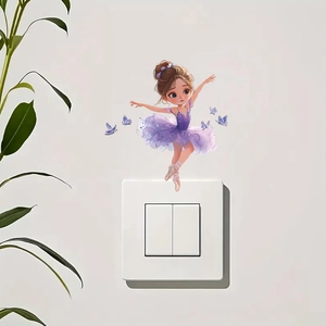 Cute ballerina wall sticker with purple tutu and blue butterflies for light switches
