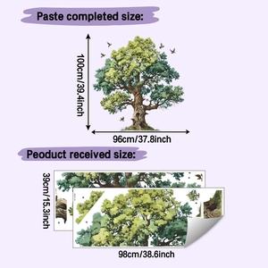 Infographic showing overall size 100x96cm and roll size of green tree wall sticker