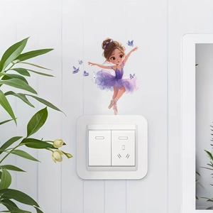 Cute ballerina girl wall sticker with purple butterflies for light switch home decoration