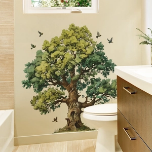 Self-adhesive green tree and birds wall decal for living room and bedroom decor