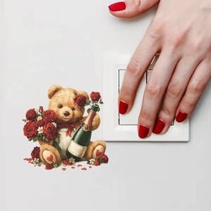 Self-adhesive wall sticker featuring a cute bear with red roses and champagne for room decor