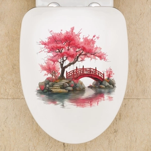 Romantic Japanese bridge and cherry blossoms self-adhesive toilet lid cover sticker decor
