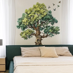 Modern wall sticker featuring a large green tree with birds for bedroom decor