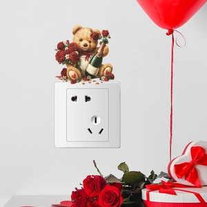 Romantic Valentine teddy bear wall sticker with red roses for home switch decoration