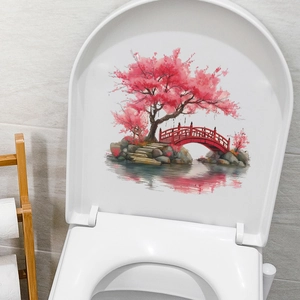 Romantic Japanese zen garden toilet sticker with pink cherry blossoms and red bridge