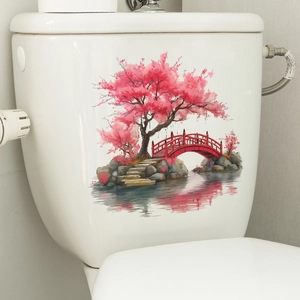 Waterproof toilet seat sticker with romantic pink cherry blossoms and a red bridge design