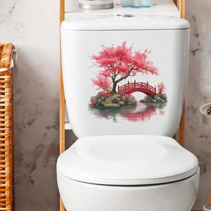 Japanese Romantic Cherry Blossom Red Bridge Toilet Sticker PVC Waterproof Self-Adhesive Bathroom Wall Decal Home Decor