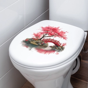 Romantic Japanese bridge and cherry blossom toilet lid decal for bathroom decoration