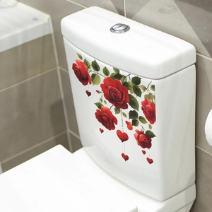 Romantic red rose and heart floral wall sticker for bathroom decor on white toilet