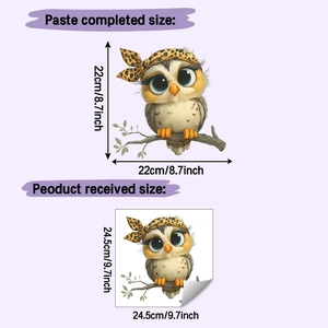 Detail showing cartoon owl wall sticker dimensions and the product received size